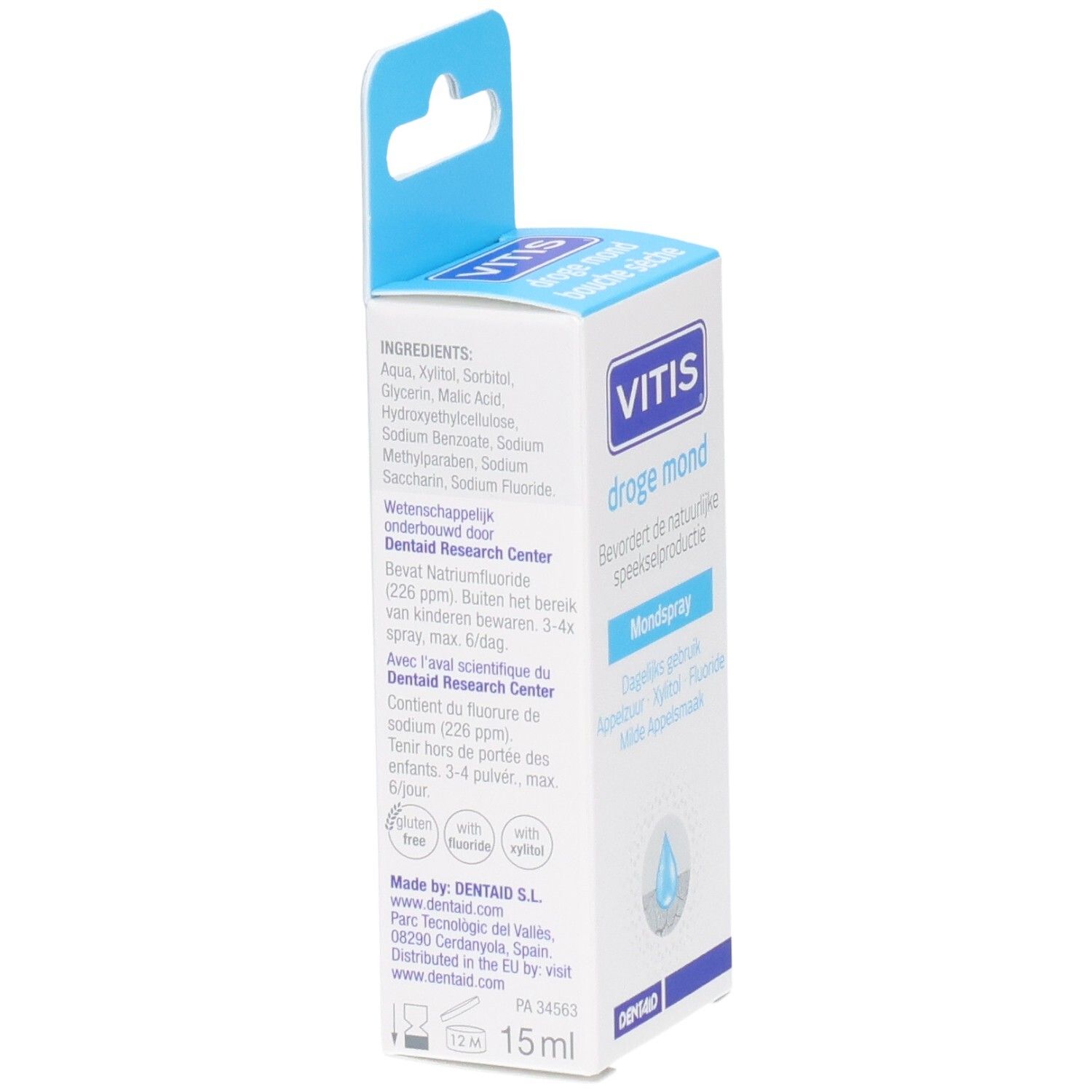 Vitis Droge Mond Mondspray kartonnen verpakking. Achterkant met ingrediënten, wetenschappelijke onderbouwing en gebruiksaanwijzing.