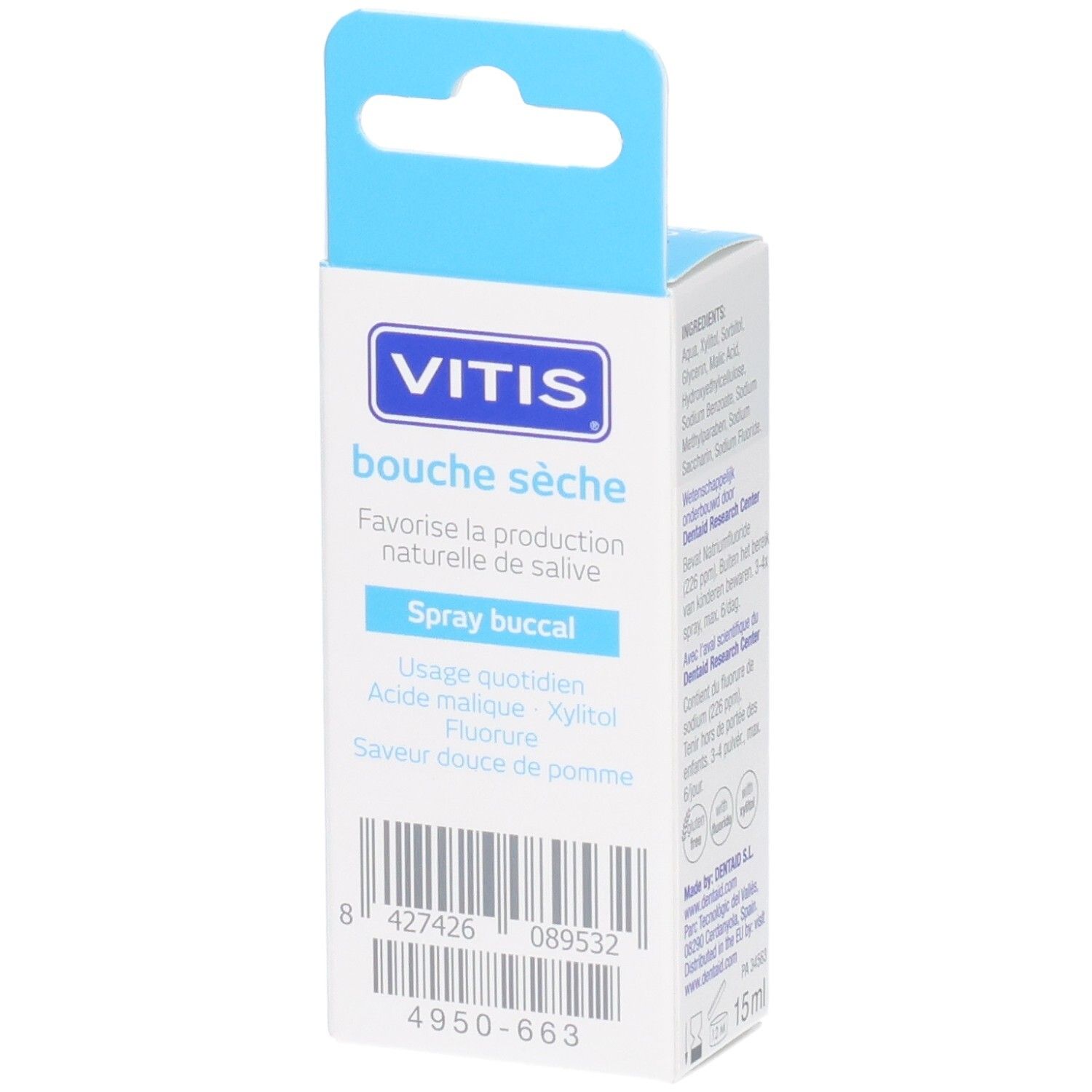 Vitis Droge Mond Mondspray kartonnen verpakking. Voorkant met productinformatie en barcode.