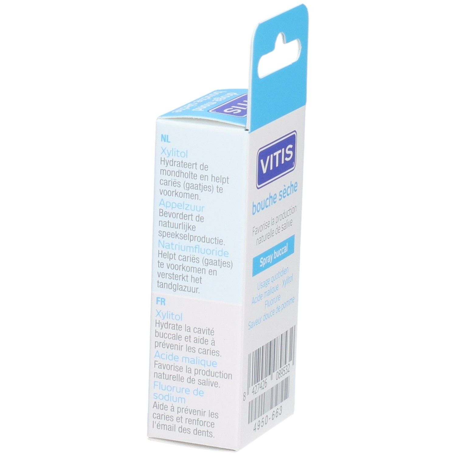 Vitis Droge Mond Mondspray kartonnen verpakking. Zijaanzicht met productinformatie in het Nederlands en Frans.