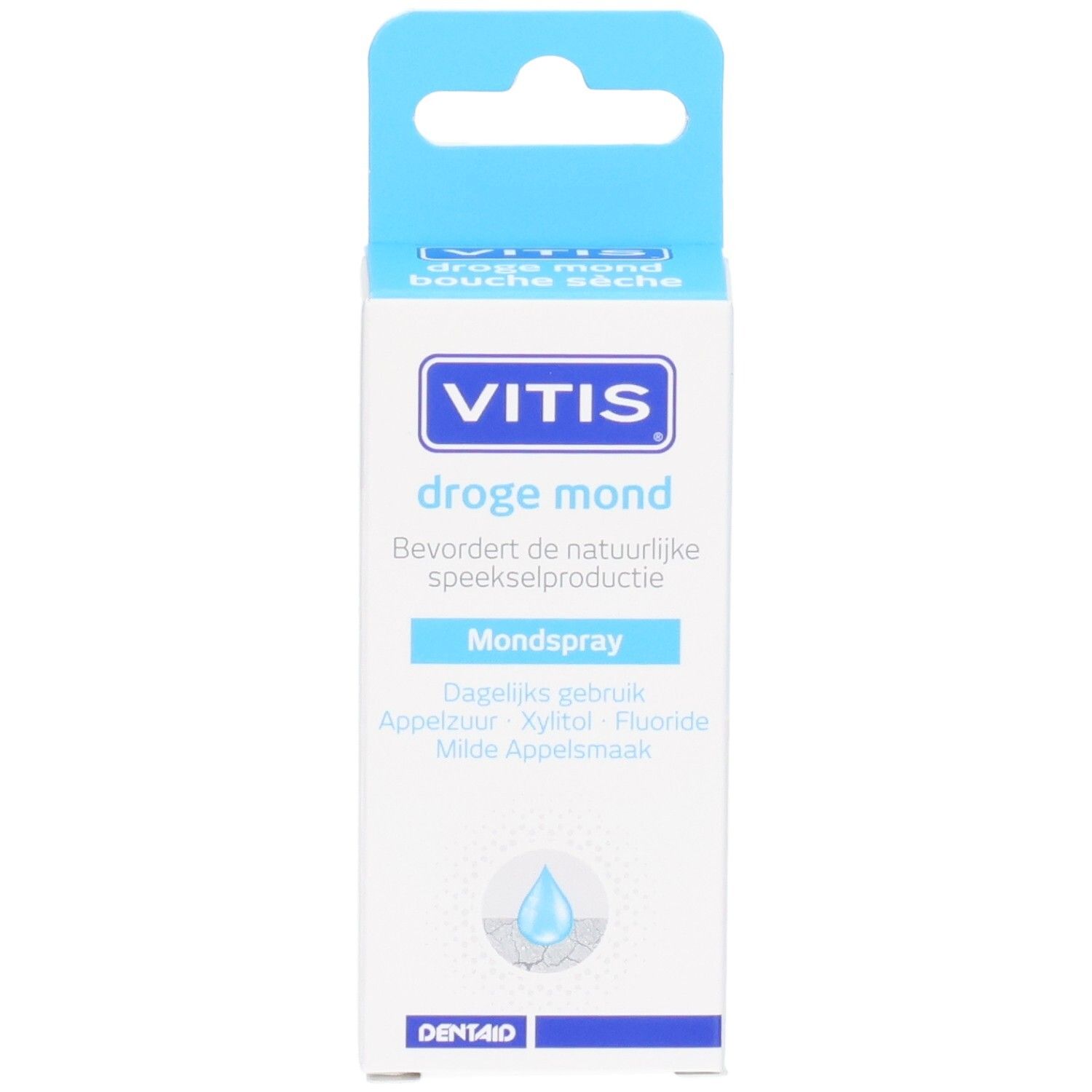 Vitis Droge Mond Mondspray kartonnen verpakking. Voorkant met logo, productnaam en beschrijving.