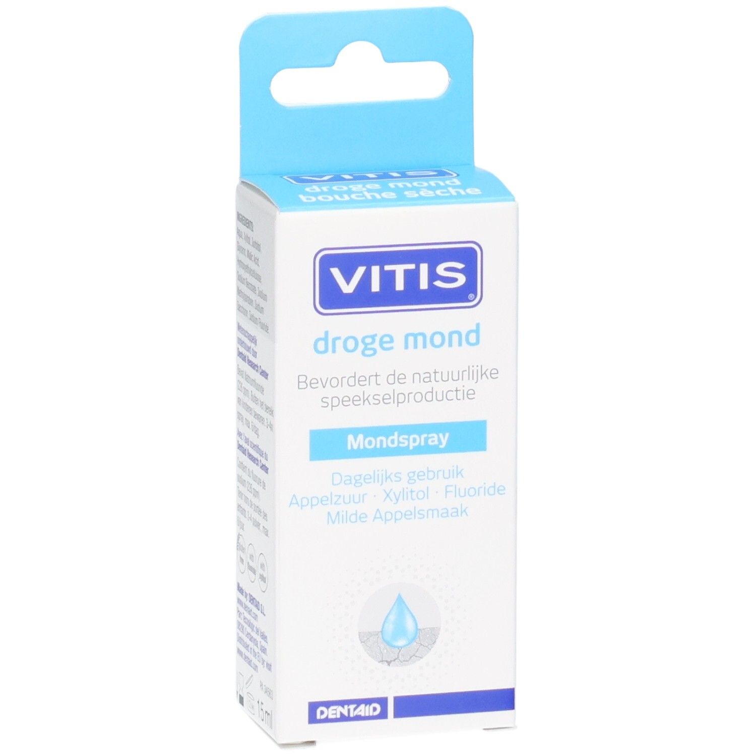 Vitis Droge Mond Mondspray kartonnen verpakking. Voorkant met logo, productnaam en beschrijving.