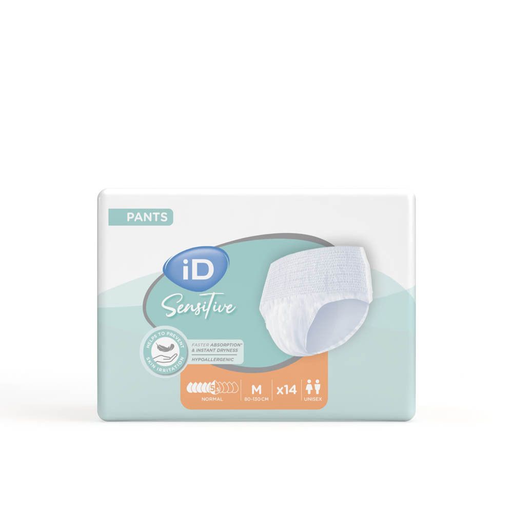 iD Sensitive Pants Normal M. Verpakking met logo, productnaam en maatinfo. Bevat 14 stuks. Unisex.