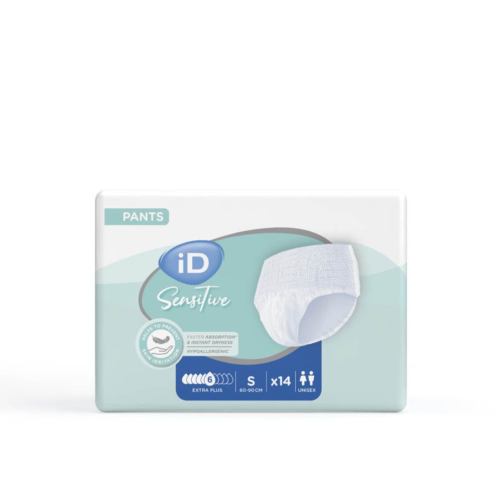 iD Sensitive Pants Extra Plus S. Paquet. Taille S, 60-90 cm. Unisexe. Hypoallergénique. Absorption et sécheresse rapides.