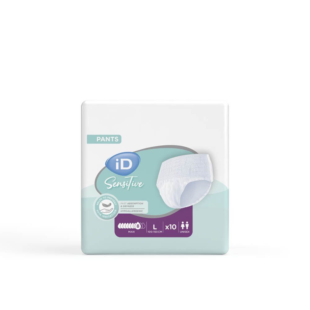 Verpakking iD Sensitive Pants. Maat L, verpakking van 10. Product afgebeeld op de verpakking.