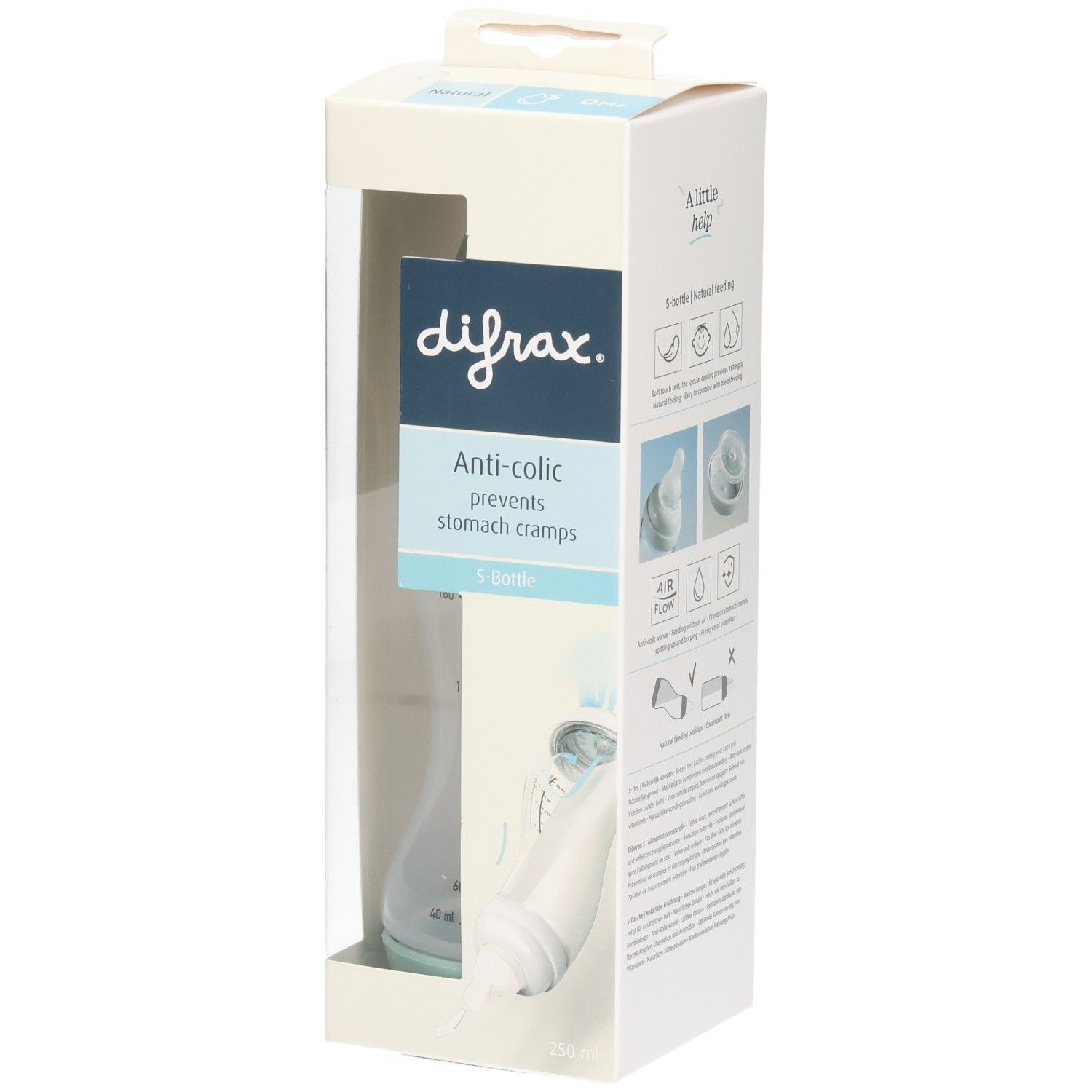Verpakking met babyfles. Zichtbaar: merknaam, anti-koliek functie, S-fles. Gedeeltelijk transparante verpakking.