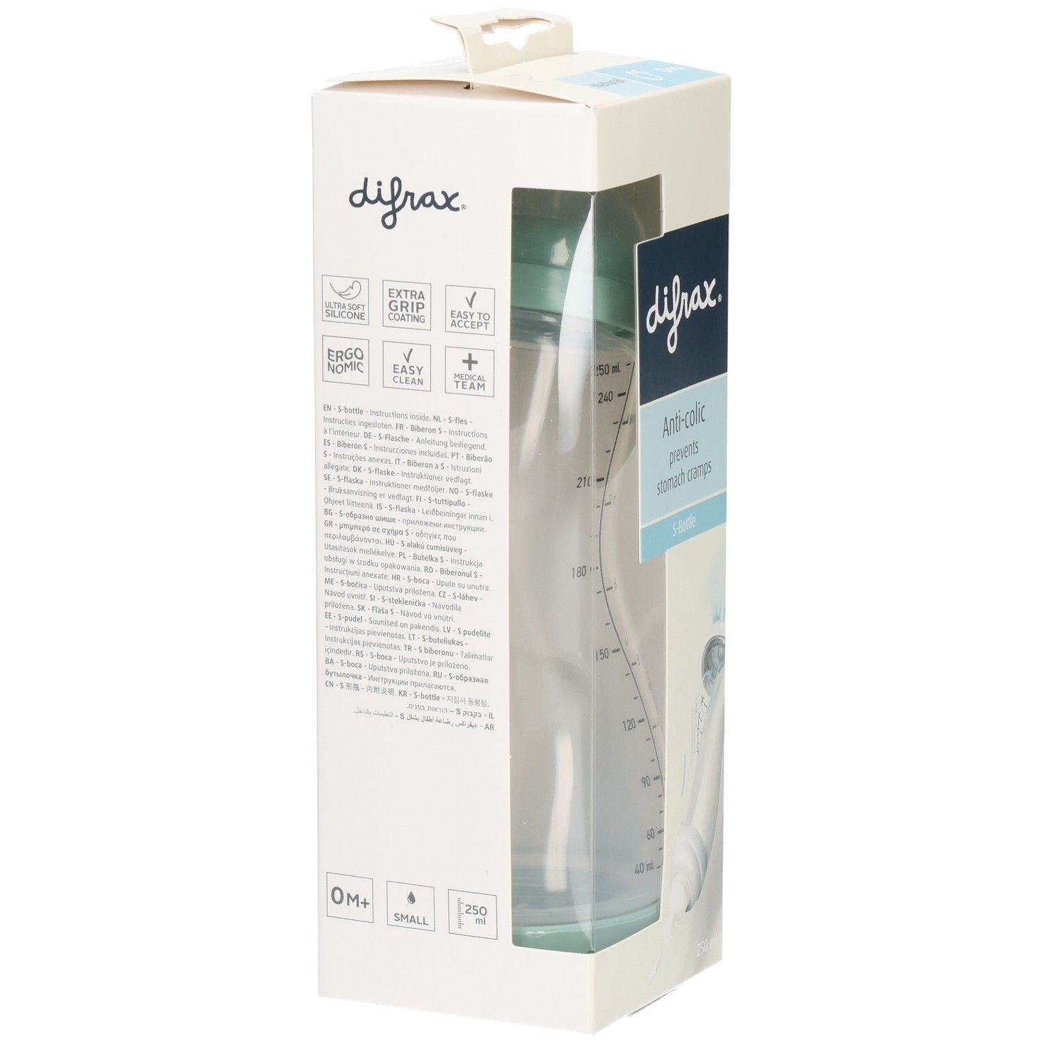 Babyfles in verpakking. Zichtbaar: merknaam, anti-koliek functie, maatschaal. Fles van transparant materiaal.