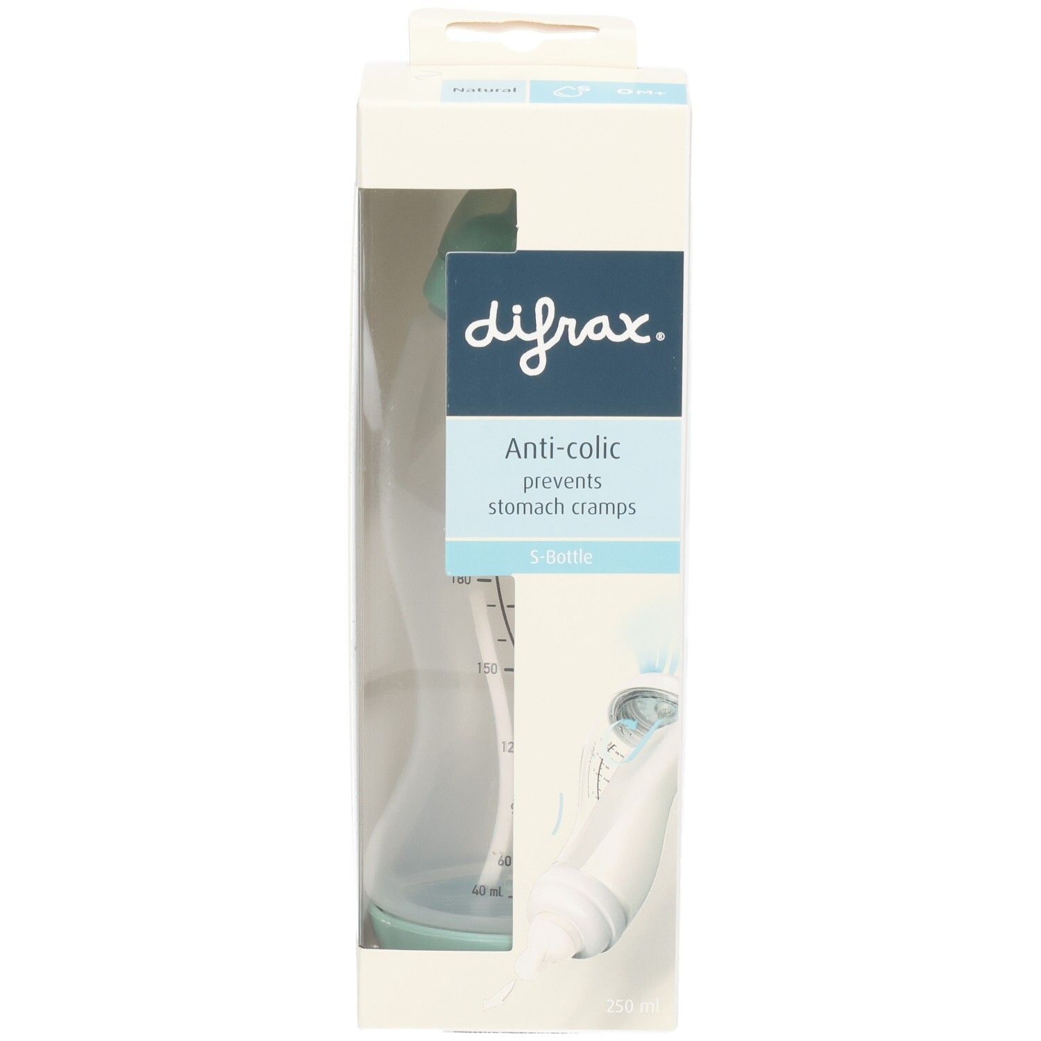 Babyfles in verpakking. Zichtbaar: merknaam, anti-koliek functie, maatschaal. Fles met blauw accent.