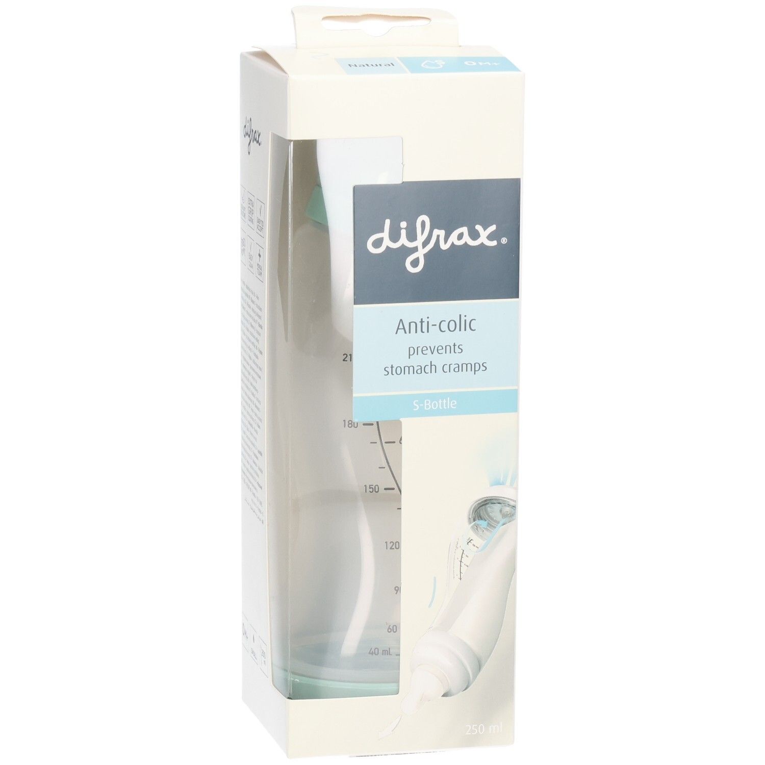 Babyfles in verpakking. Zichtbaar: merknaam, anti-koliek functie, maatschaal. Fles met blauw accent.