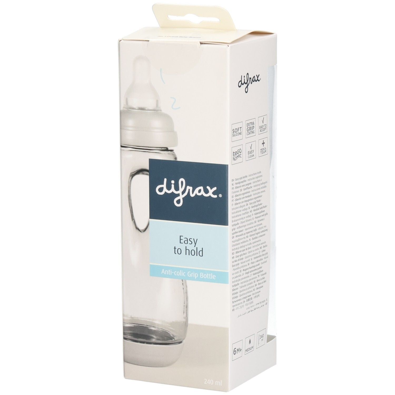 Biberon dans son emballage. Logo difrax, "Easy to hold", Anti-colic Grip bottle. Emballage avec fenêtre.