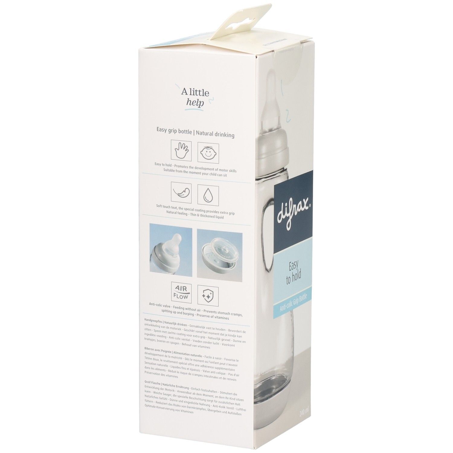 Biberon dans son emballage. Logo difrax, "Easy to hold", Anti-colic Grip bottle. Emballage avec fenêtre.