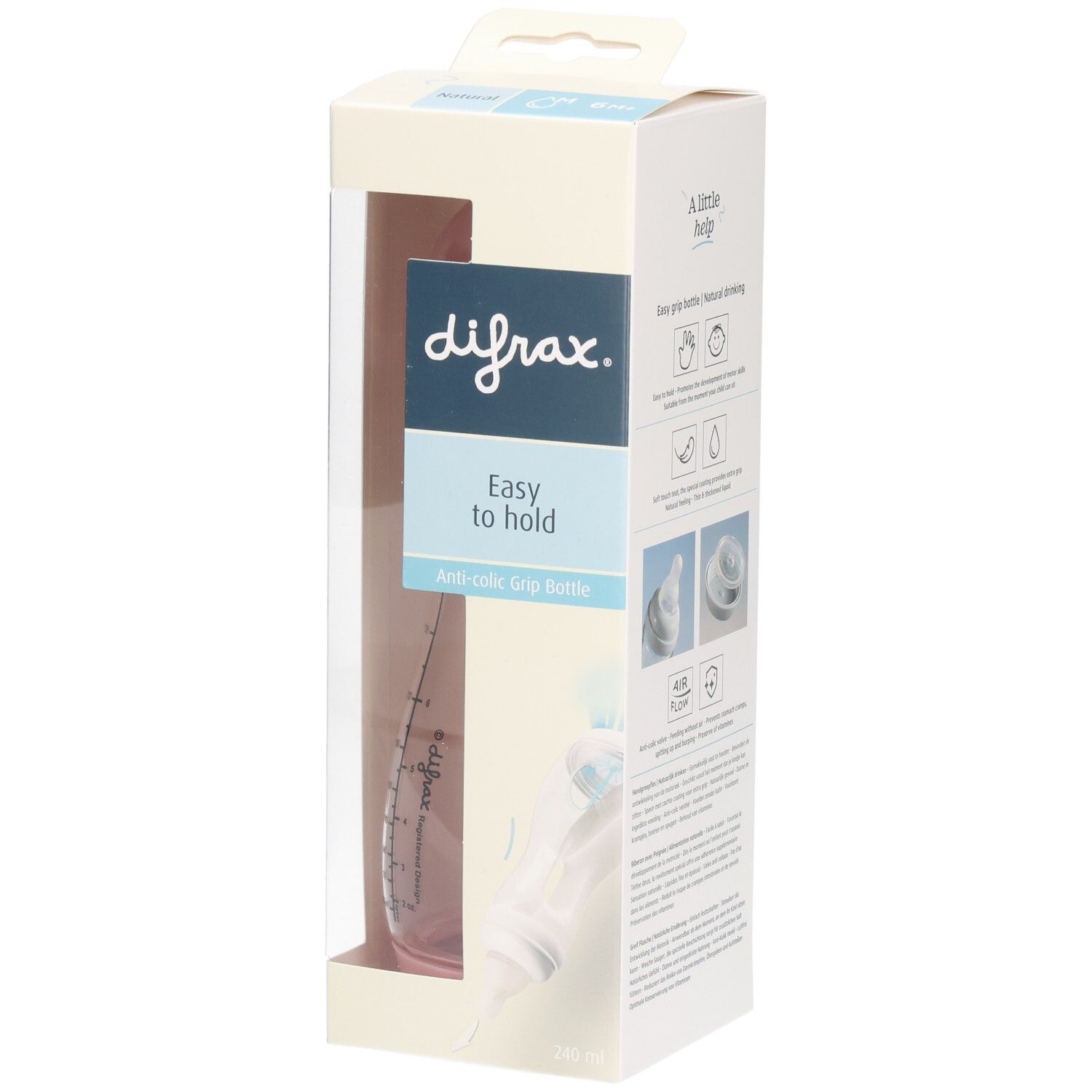 Emballage de biberon. Logo difrax, "Easy to hold", Anti-colic Grip Bottle. Biberon rose avec poignées.
