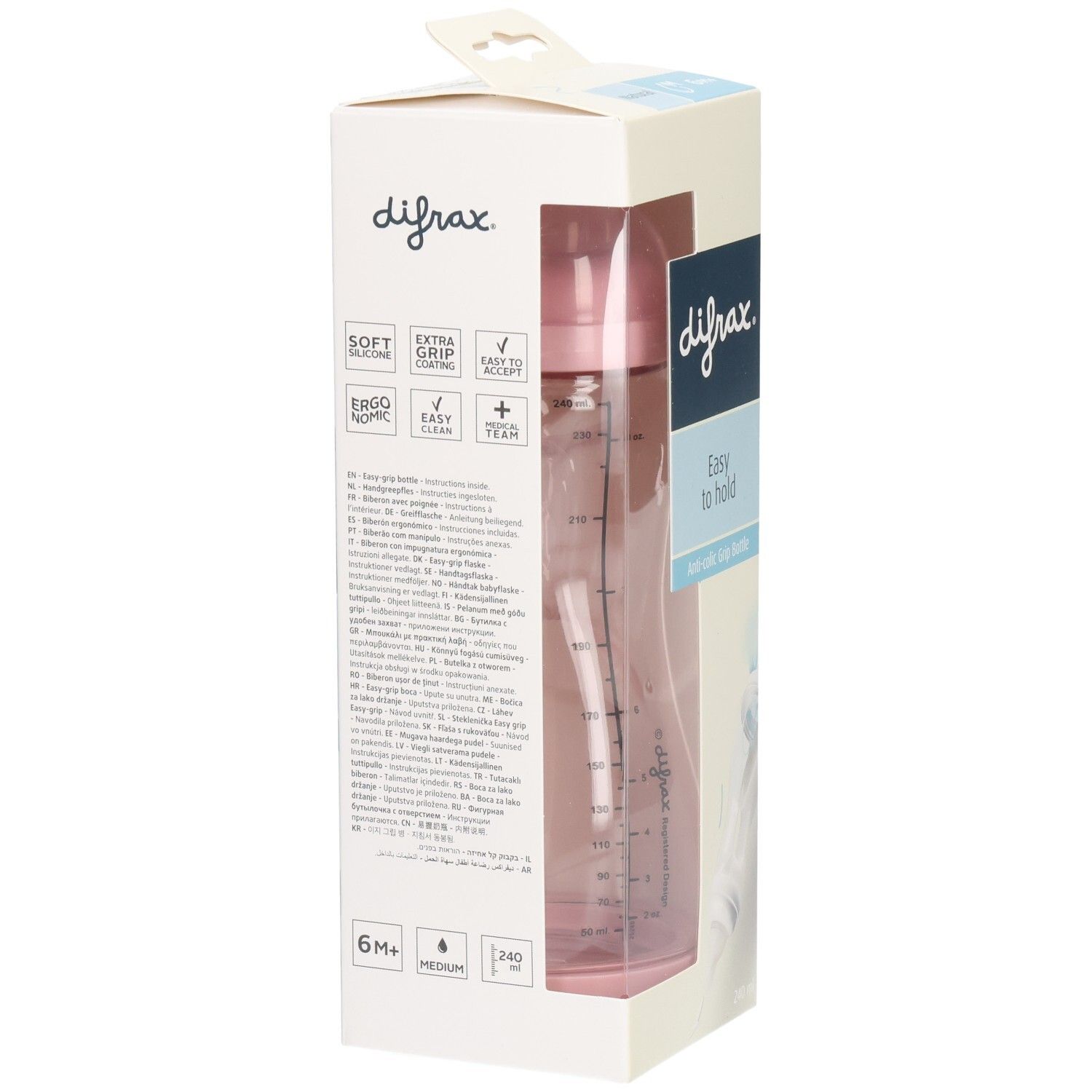 Emballage de biberon. Logo difrax, "Easy to hold", Anti-colic Grip Bottle. Biberon rose, 240 ml, 6M+.