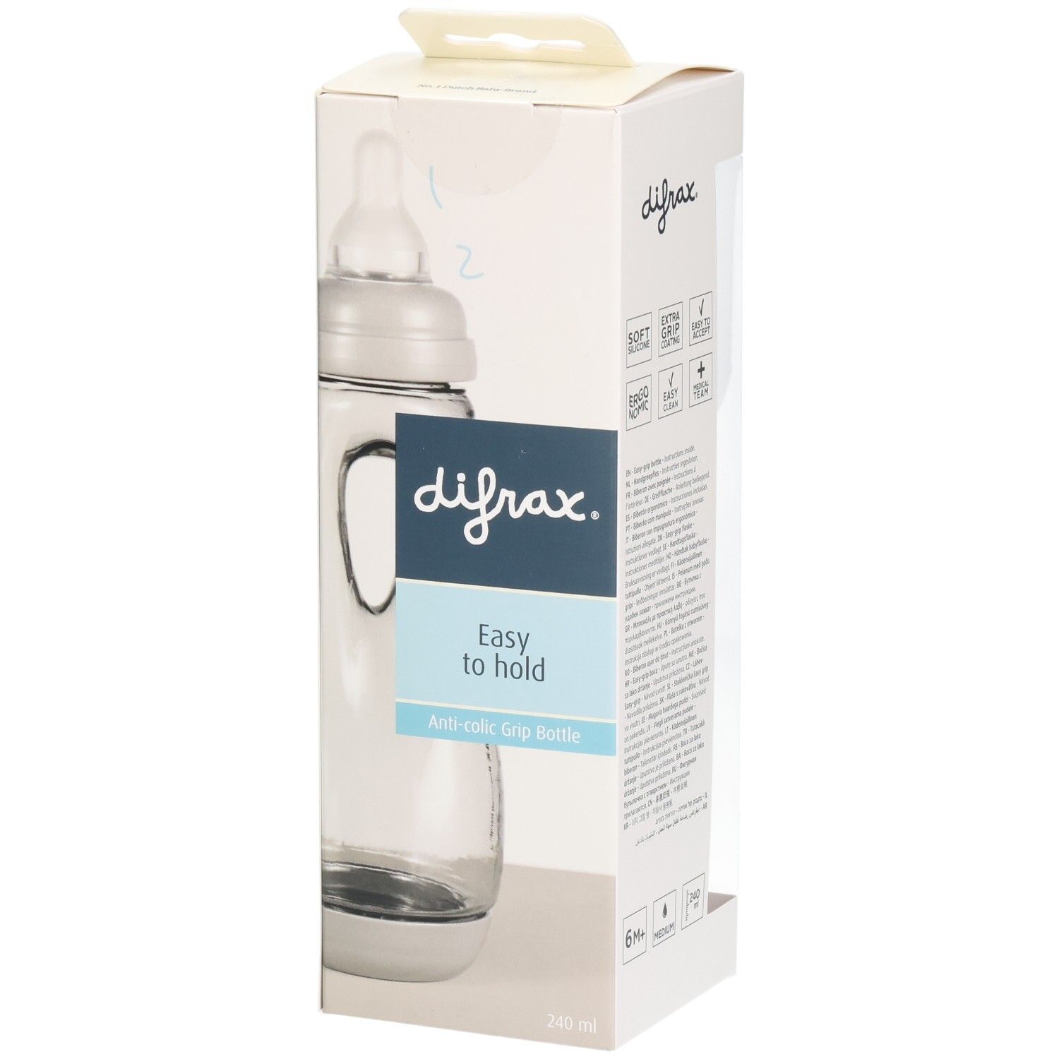 Emballage de biberon. Logo difrax, "Easy to hold", Anti-colic Grip Bottle. Biberon transparent avec poignées.