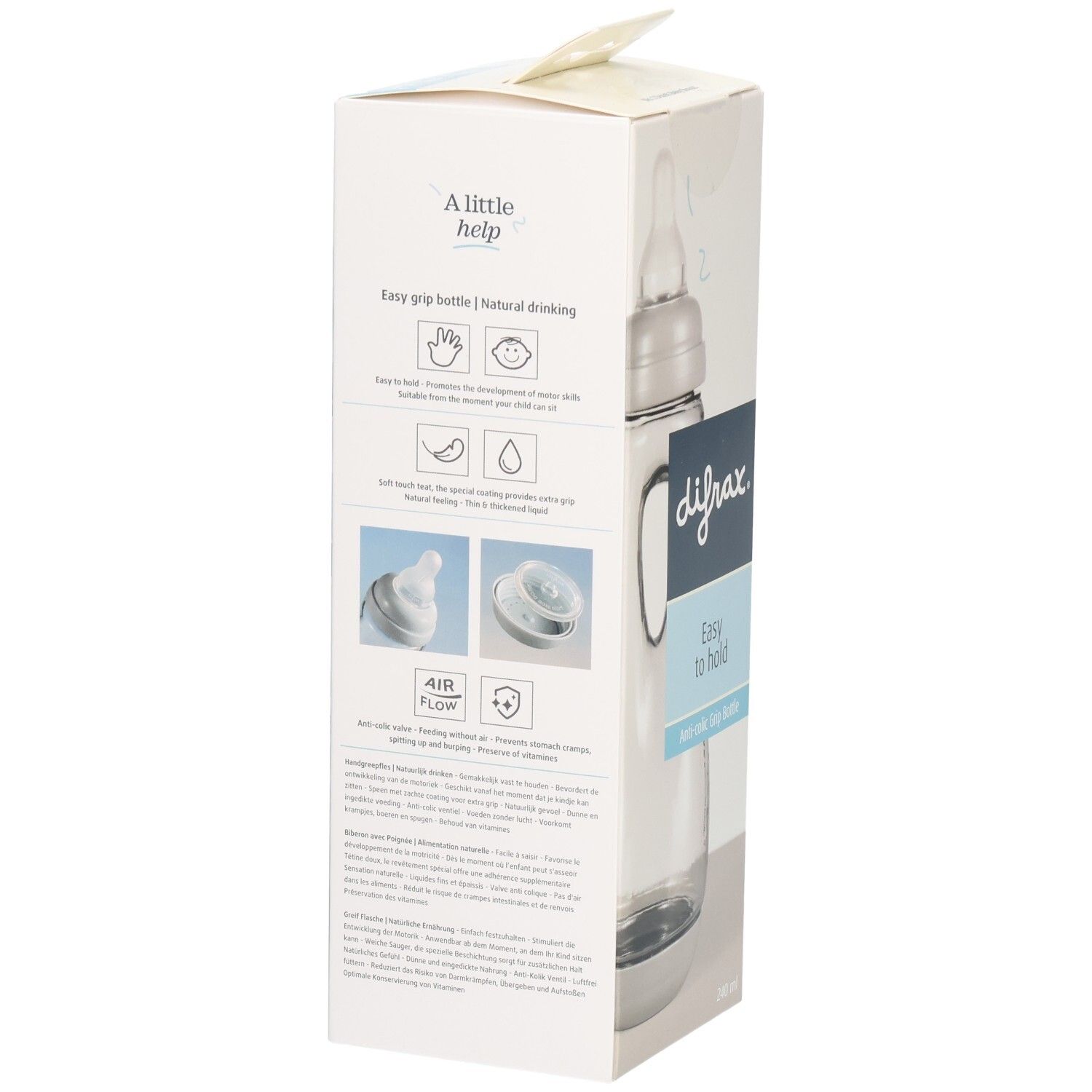 Emballage de biberon. Logo difrax, "Easy to hold", Anti-colic Grip Bottle. Biberon transparent avec poignées.