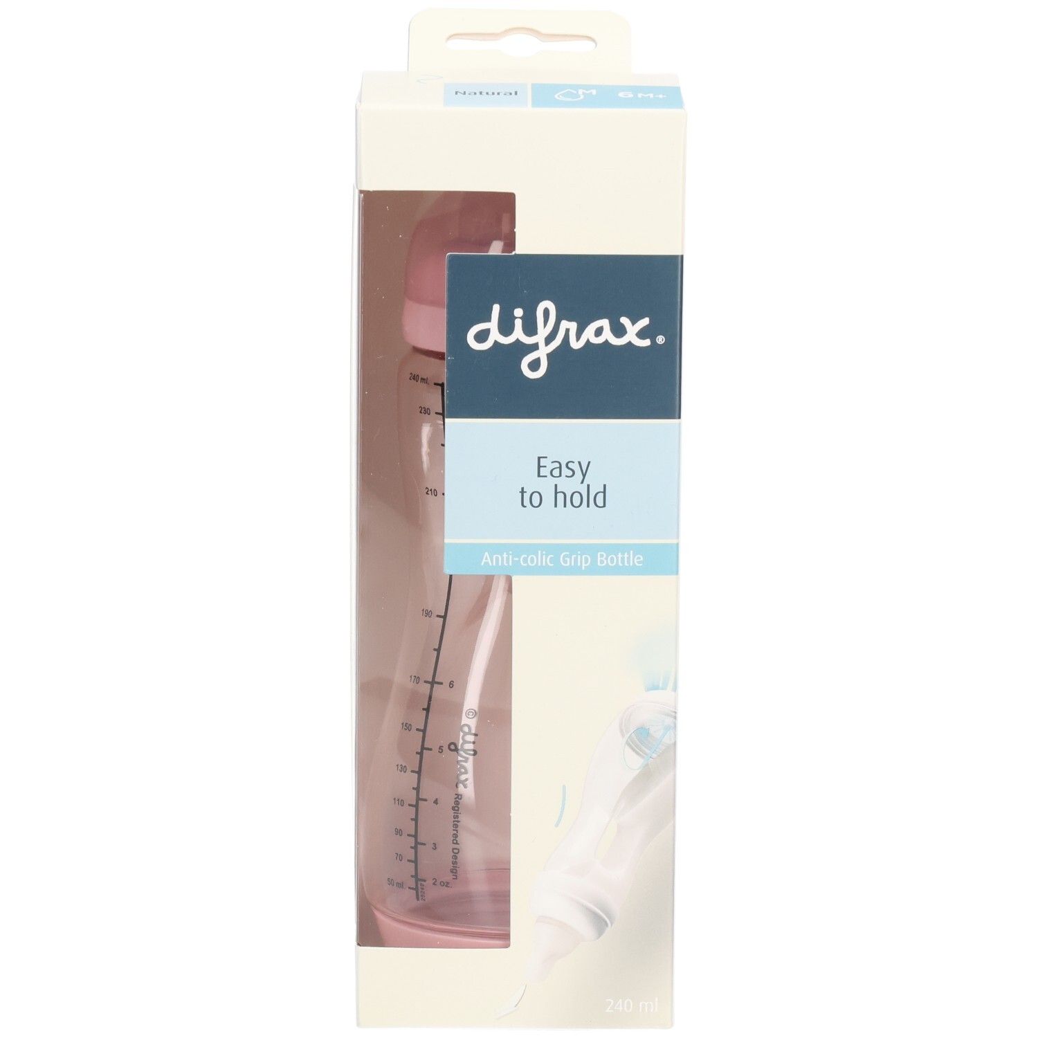 Emballage de biberon. Logo difrax, "Easy to hold", Anti-colic Grip Bottle. Biberon rose, avec échelle graduée.