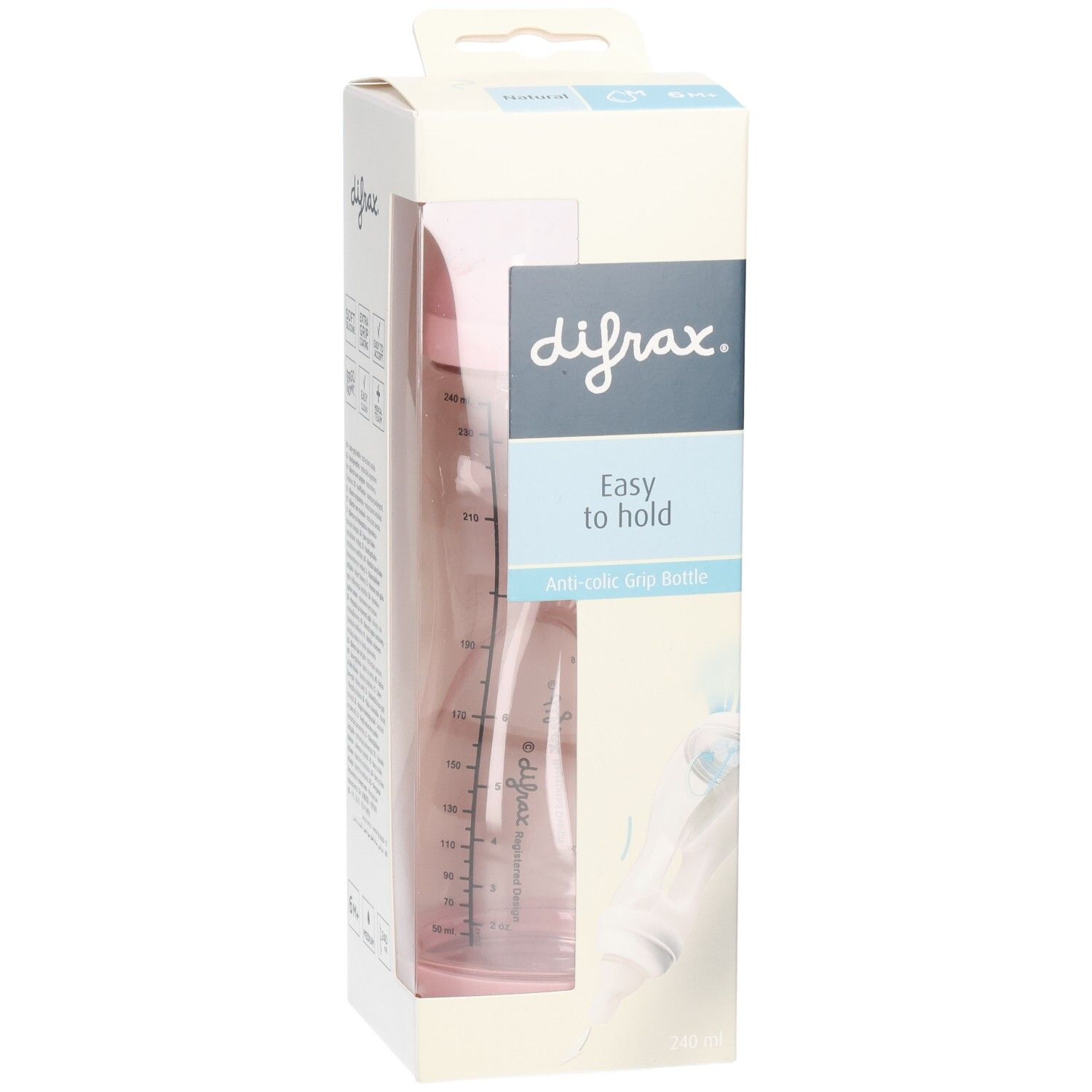 Emballage de biberon. Logo difrax, "Easy to hold", Anti-colic Grip Bottle. Biberon rose, avec échelle graduée.