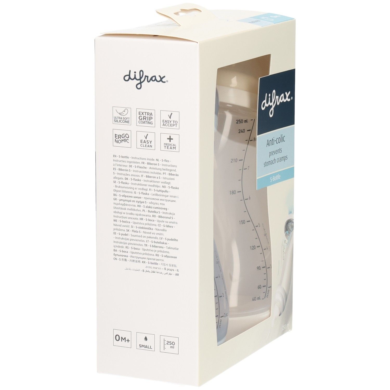 Emballage avec un biberon transparent. Marque "difrax" et mention "Anti-colic" sur l'emballage.
