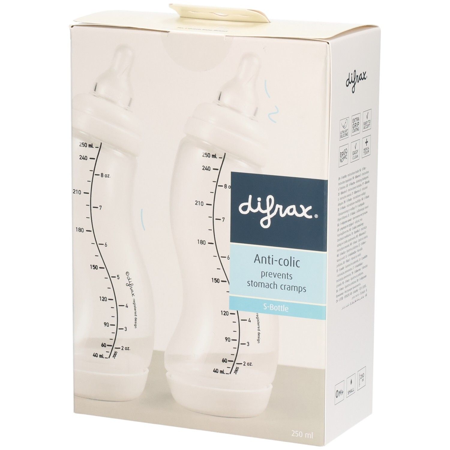 Emballage avec deux biberons transparents. Marque "difrax" et mention "Anti-colic" sur l'emballage.