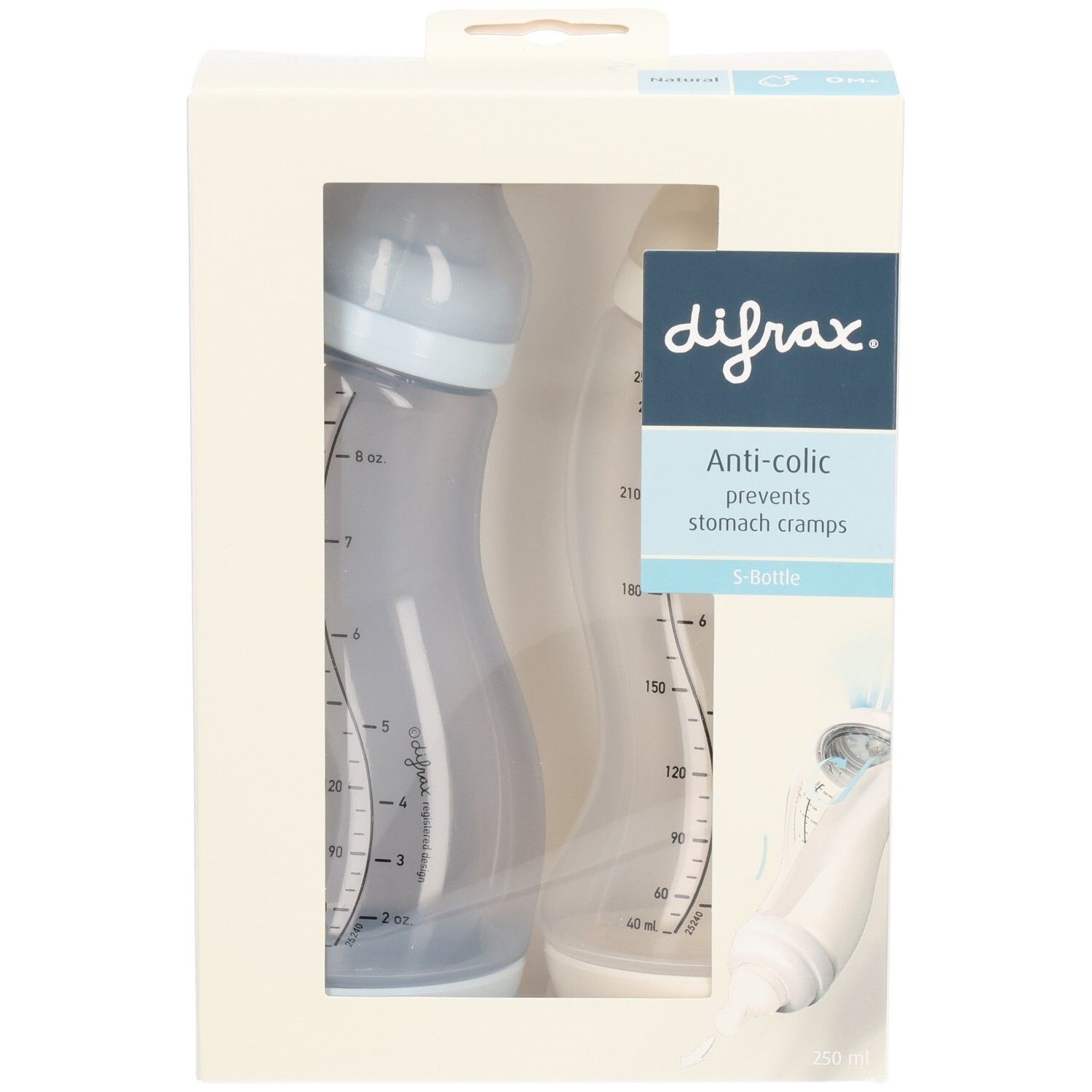 Emballage avec deux biberons bleus et transparents. Marque "difrax" et mention "Anti-colic".