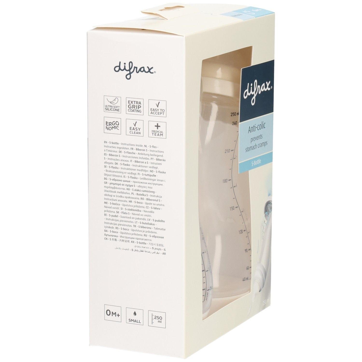 Emballage avec biberon. Marque difrax. Anti-colique. Biberon avec graduation. Couleurs beige et transparent. Biberon S.