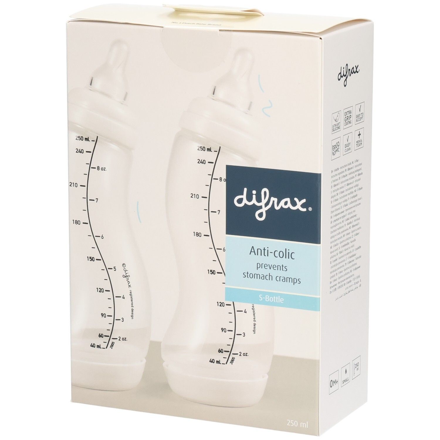 Emballage avec deux biberons. Visibles: bouteilles, échelle de mesure. Marque: difrax. Texte: Anti-colique, prévient les crampes d'estomac. 250 ml.