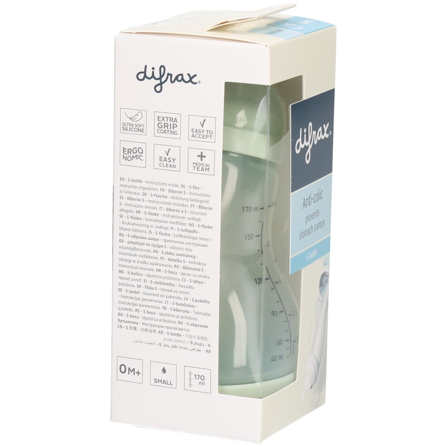 Boîte avec biberon. Marque Difrax, Anti-colic, S-Bottle. Biberon vert clair, graduation. 170 ml. Caractéristiques.
