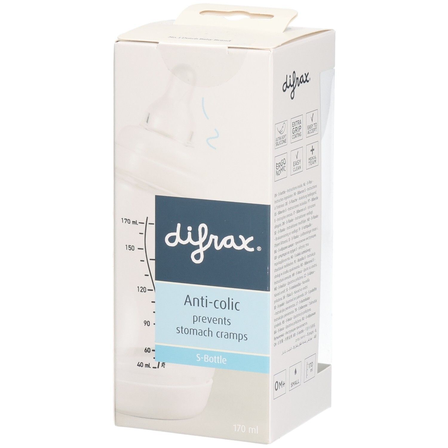 Boîte avec biberon. Marque Difrax, Anti-colic, S-Bottle. Biberon avec graduation. 170 ml. Illustration du biberon.