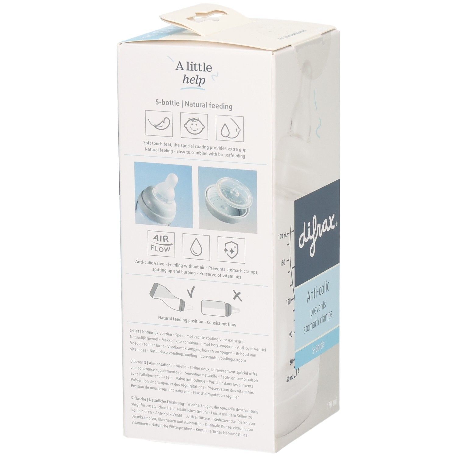 Boîte avec illustrations. S-Bottle, alimentation naturelle. Anti-colic. Illustrations des composants et fonctions.