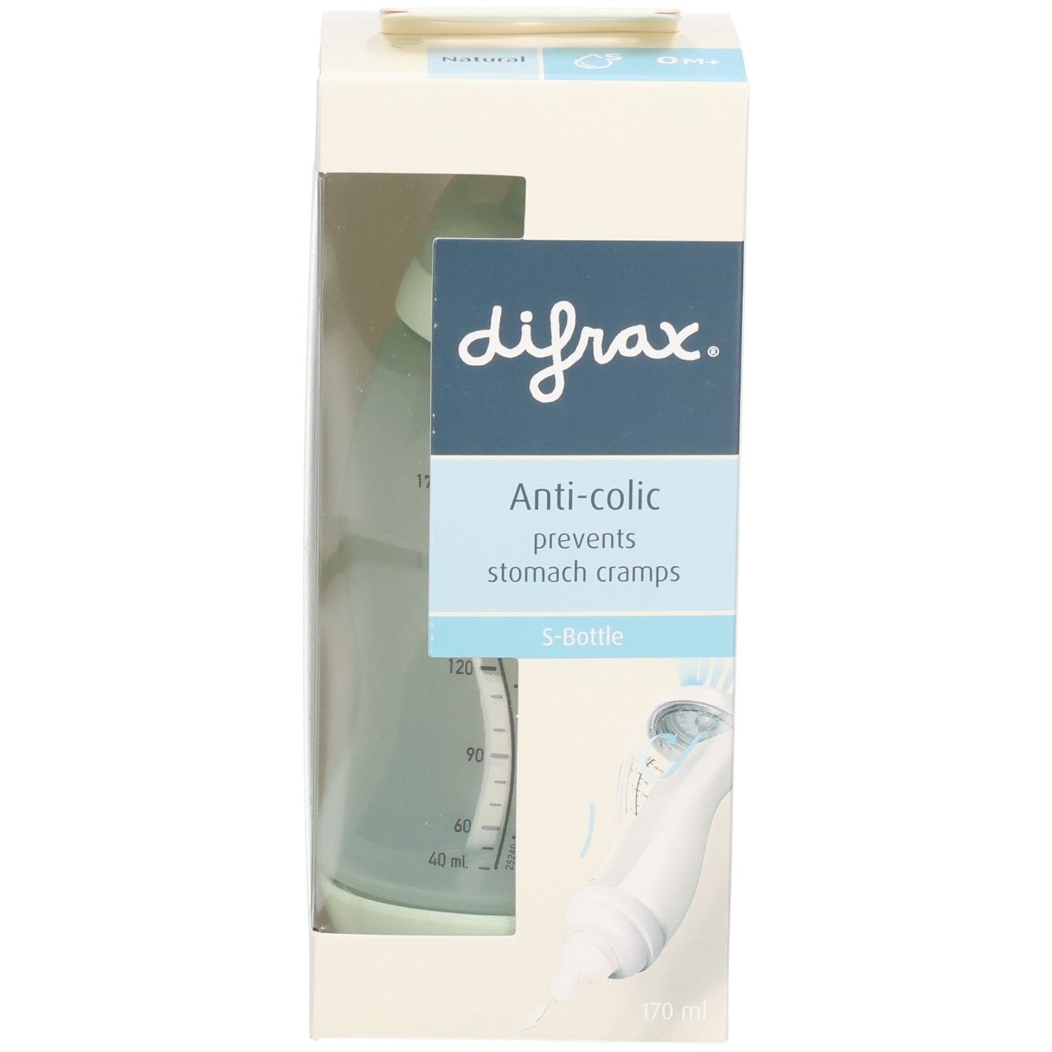 Boîte avec biberon. Marque Difrax, Anti-colic, S-Bottle. Biberon vert clair, graduation. 170 ml.