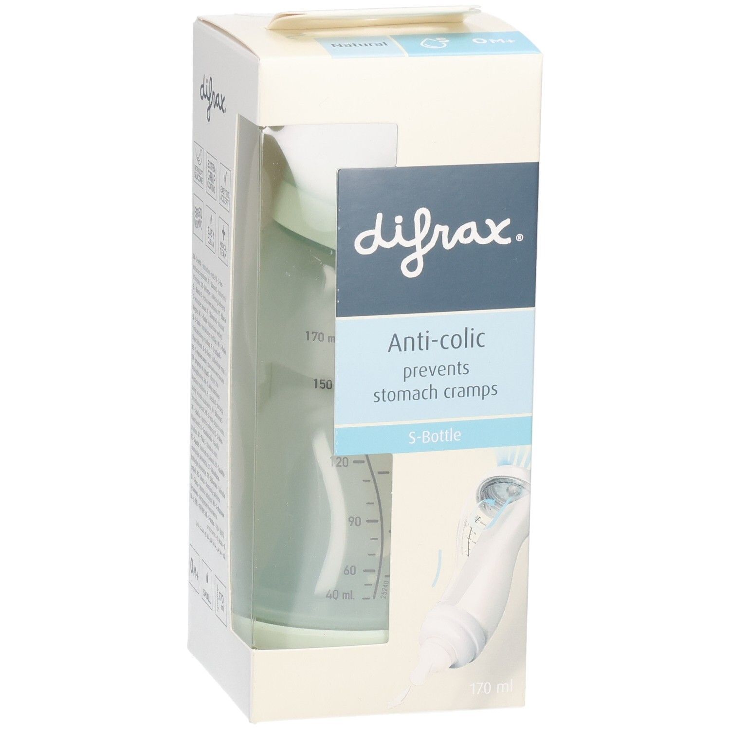 Boîte avec biberon. Marque Difrax, Anti-colic, S-Bottle. Biberon vert clair, graduation. 170 ml.