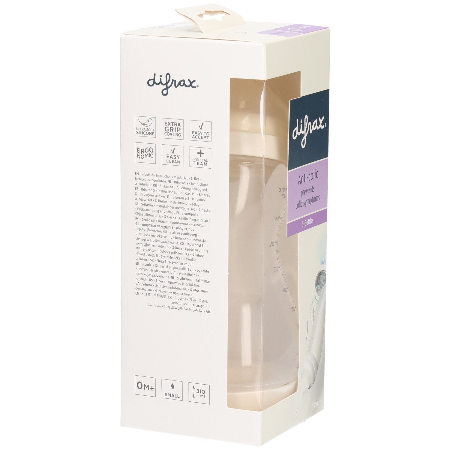 Emballage de biberon. Visible : marque, fonction anti-colique, biberon S, 310 ml. Biberon dans l'emballage.