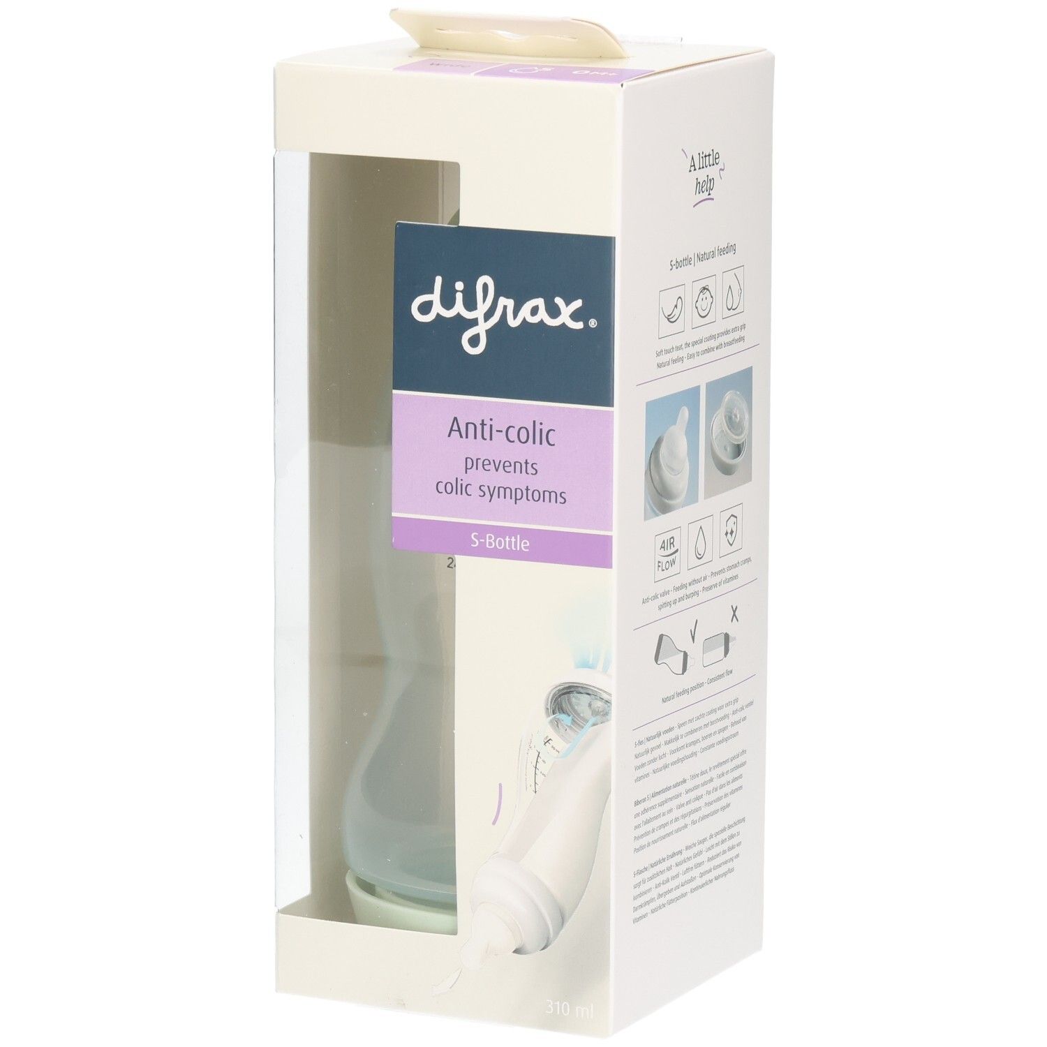 Emballage avec biberon. Fenêtre transparente. Inscription: difrax, Anti-colic, S-Bottle.