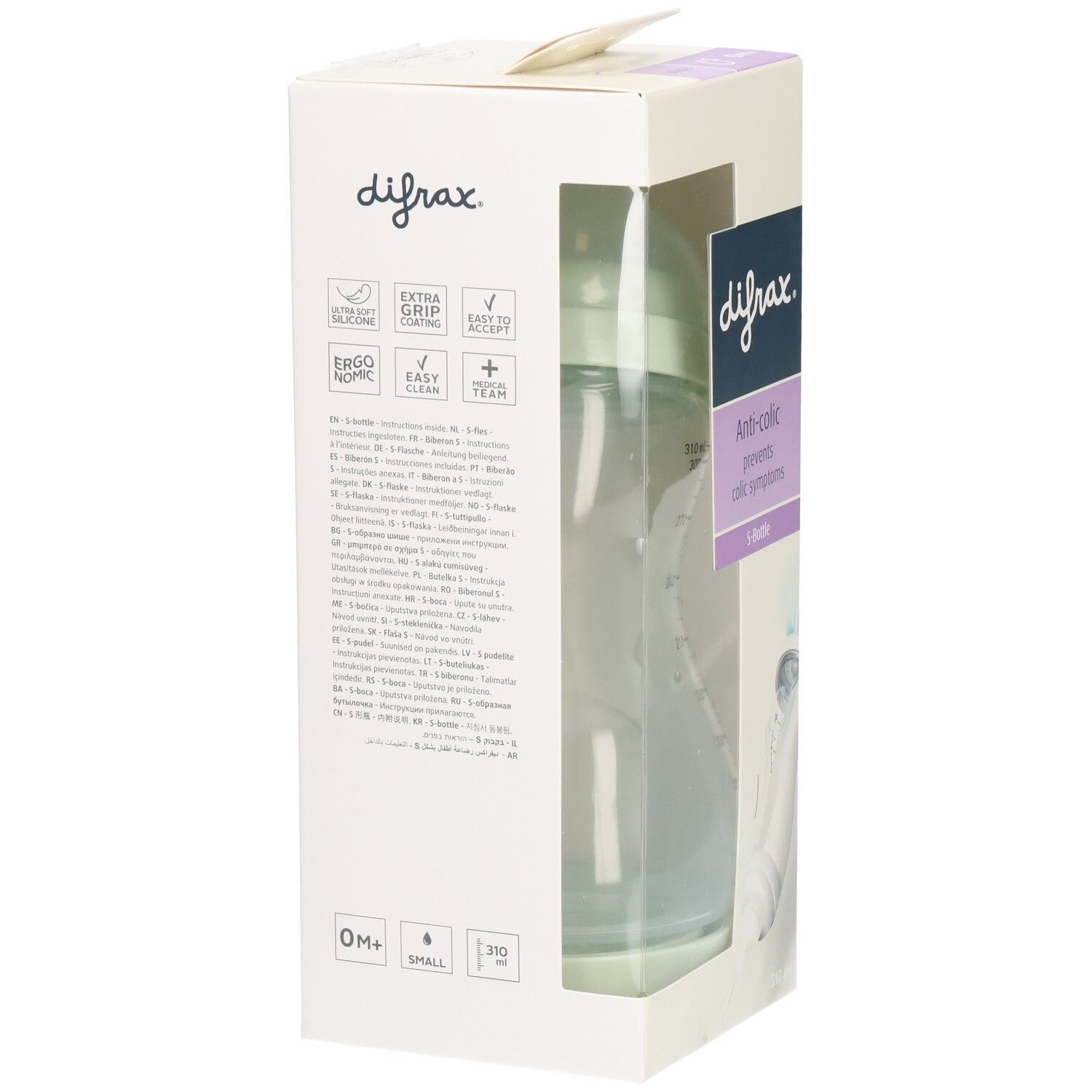 Emballage avec biberon. Biberon verdâtre. Inscription: difrax, Anti-colic, S-Bottle. 0m+, 310 ml.