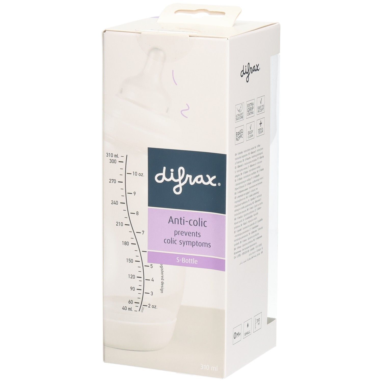Emballage avec biberon. Échelle en ml. Inscription: difrax, Anti-colic, S-Bottle.