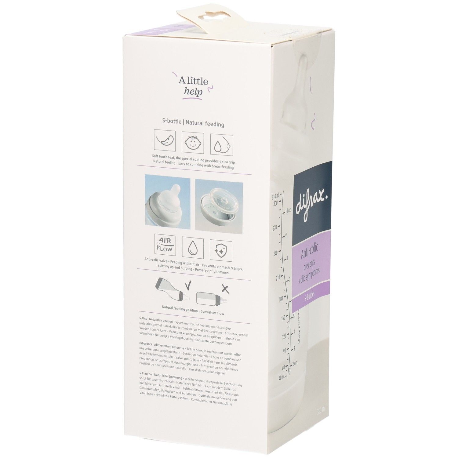 Emballage avec biberon. Dos avec illustrations. Inscription: difrax, Anti-colic, S-Bottle.