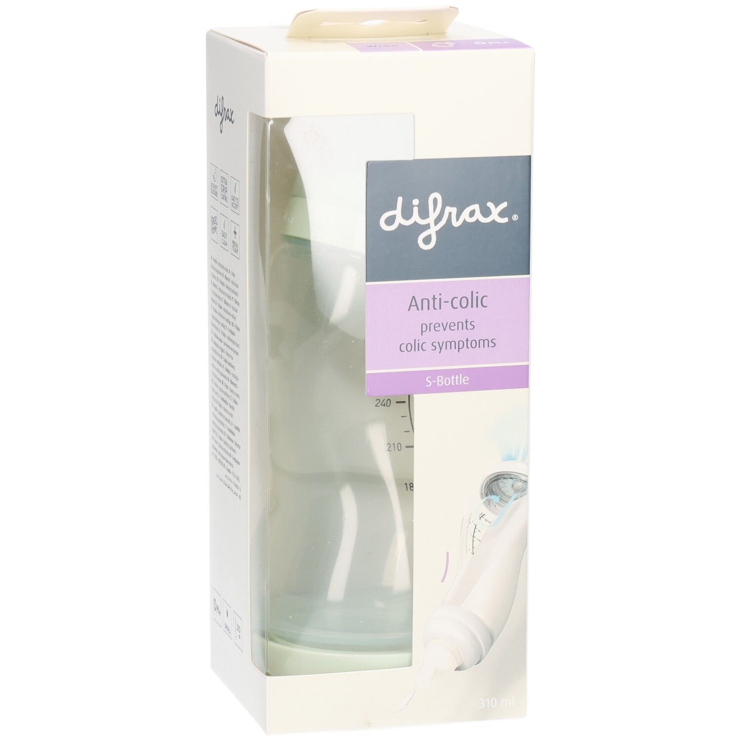 Emballage avec biberon. Inscription: difrax, Anti-colic, S-Bottle. Fenêtre transparente montre le biberon.