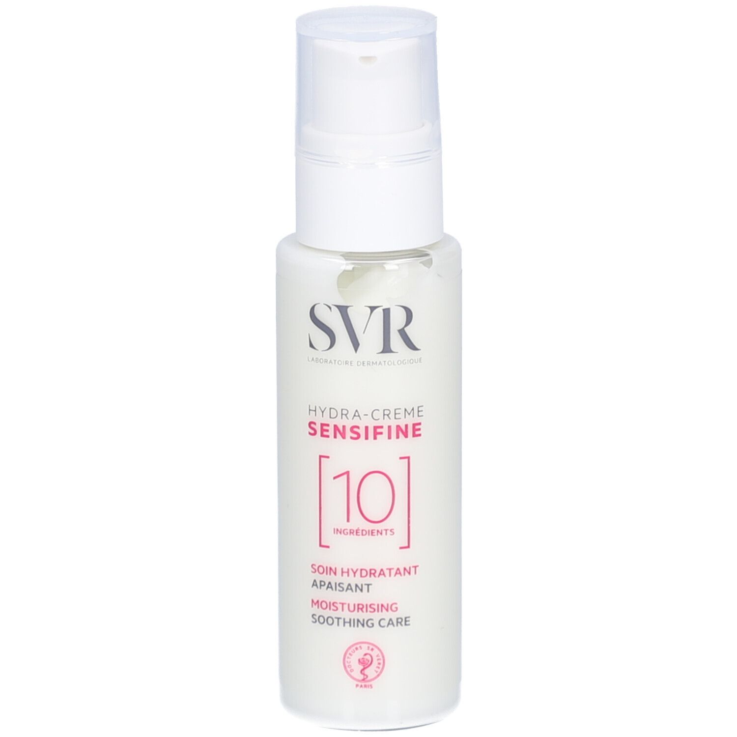 Witte fles met doseerpomp. Opschrift: SVR, Hydra-Crème Sensifine [10]. Tekst: Soin hydratant apaisant, Moisturising soothing care.
