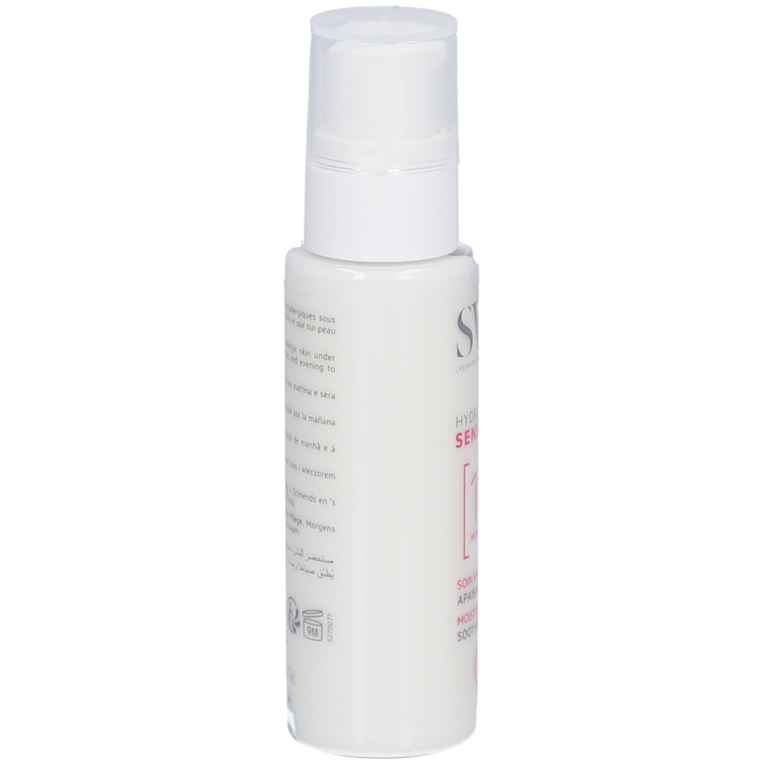 Witte fles met tekst op de achterkant. Tekst in meerdere talen. Logo met twee slangen.