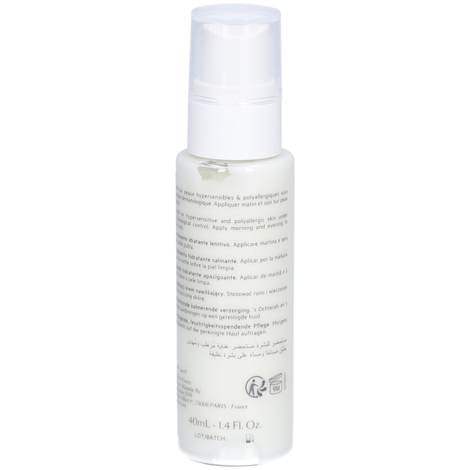 Witte fles met tekst op de achterkant. Tekst in meerdere talen. Volume: 40ml - 1.4 Fl. Oz.