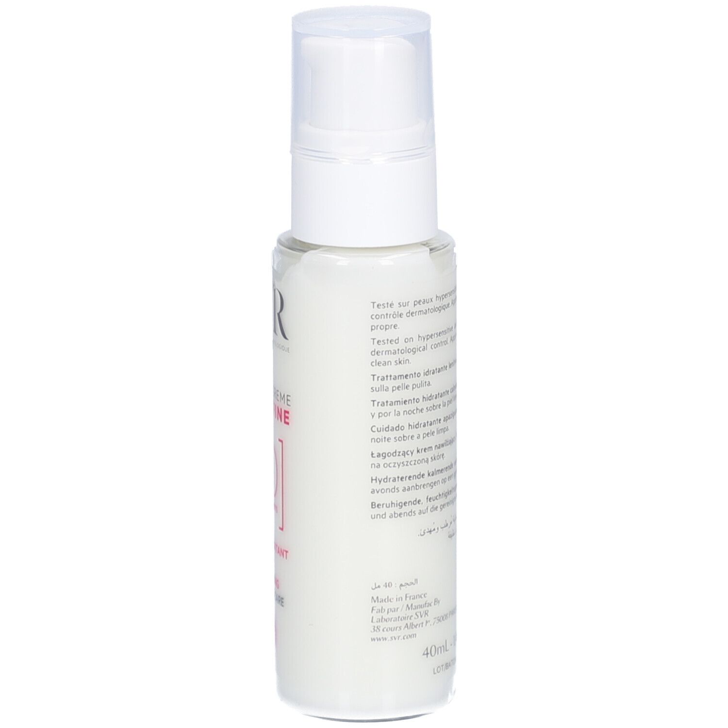 Witte fles met tekst op de achterkant. Tekst in meerdere talen. Gemaakt in Frankrijk. Volume: 40ml.