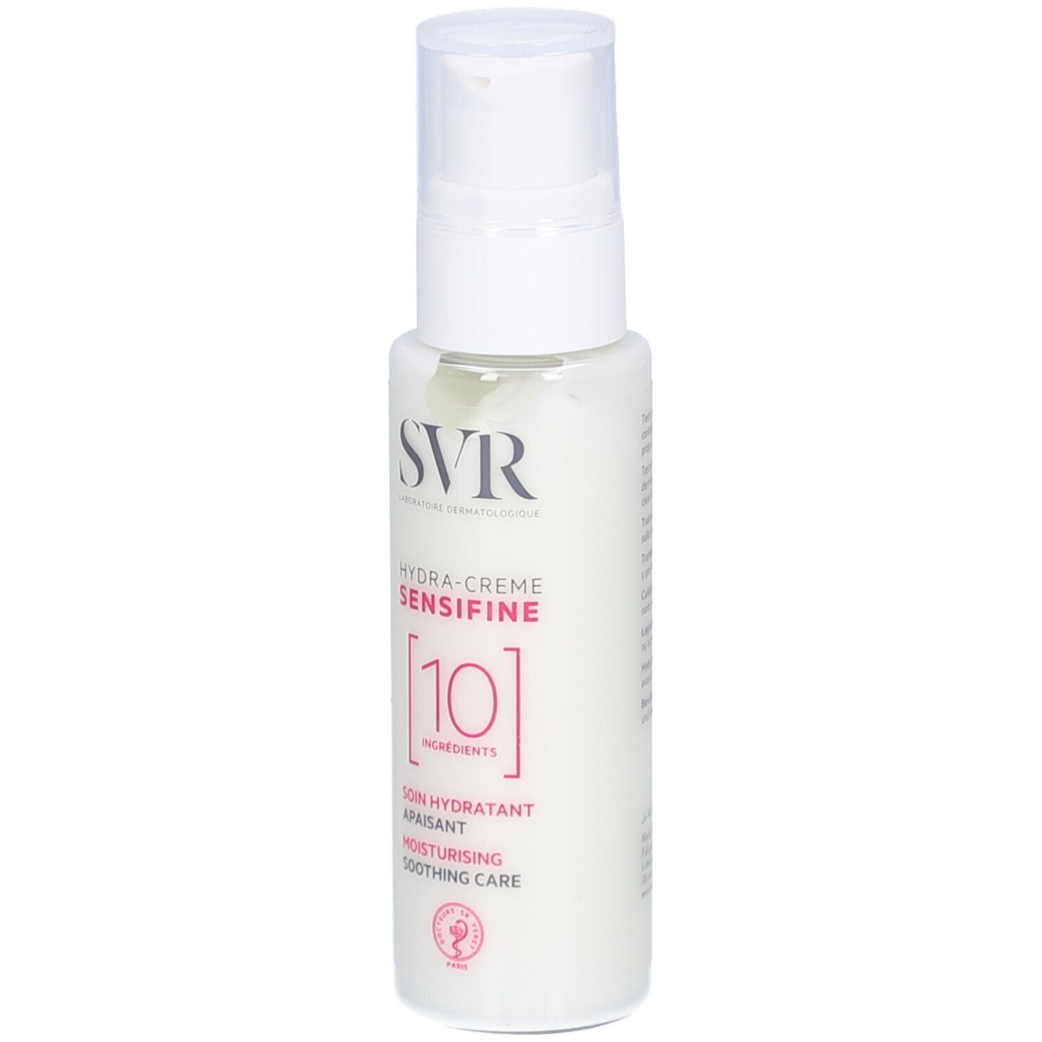 Witte fles met doseerpomp. Opschrift: SVR, Hydra-Crème Sensifine [10]. Tekst: Soin hydratant apaisant, Moisturising soothing care.