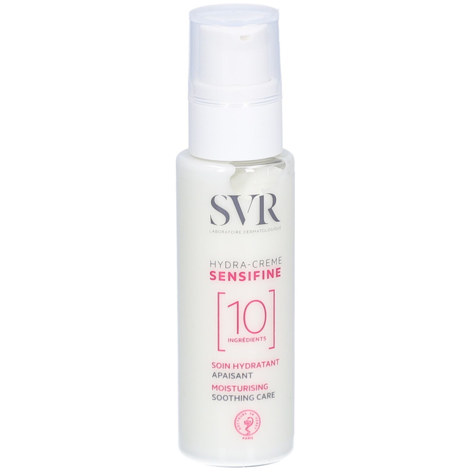 Witte fles met doseerpomp. Opschrift: SVR, Hydra-Crème Sensifine [10]. Tekst: Soin hydratant apaisant, Moisturising soothing care.