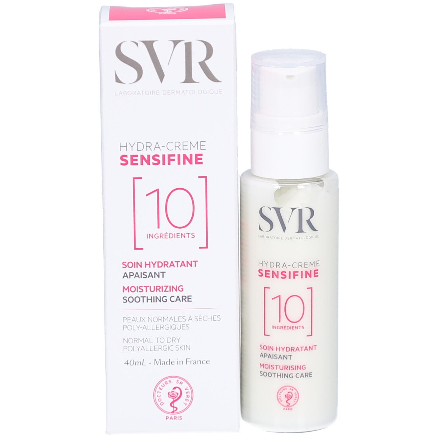 Verpakking en fles. Opschrift: SVR, Hydra-Crème Sensifine [10]. Tekst: Soin hydratant apaisant, Moisturising soothing care.