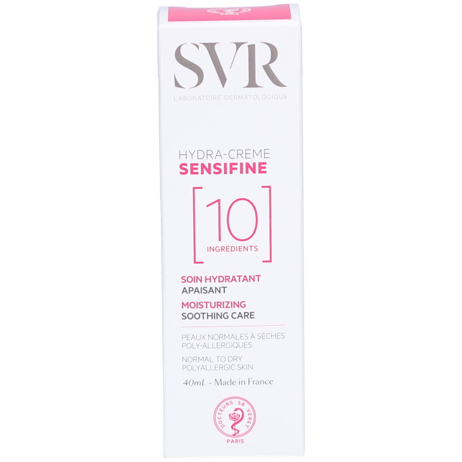 Productverpakking. Opschrift: SVR, Hydra-Crème Sensifine [10]. Tekst: Soin hydratant apaisant, Moisturising soothing care.