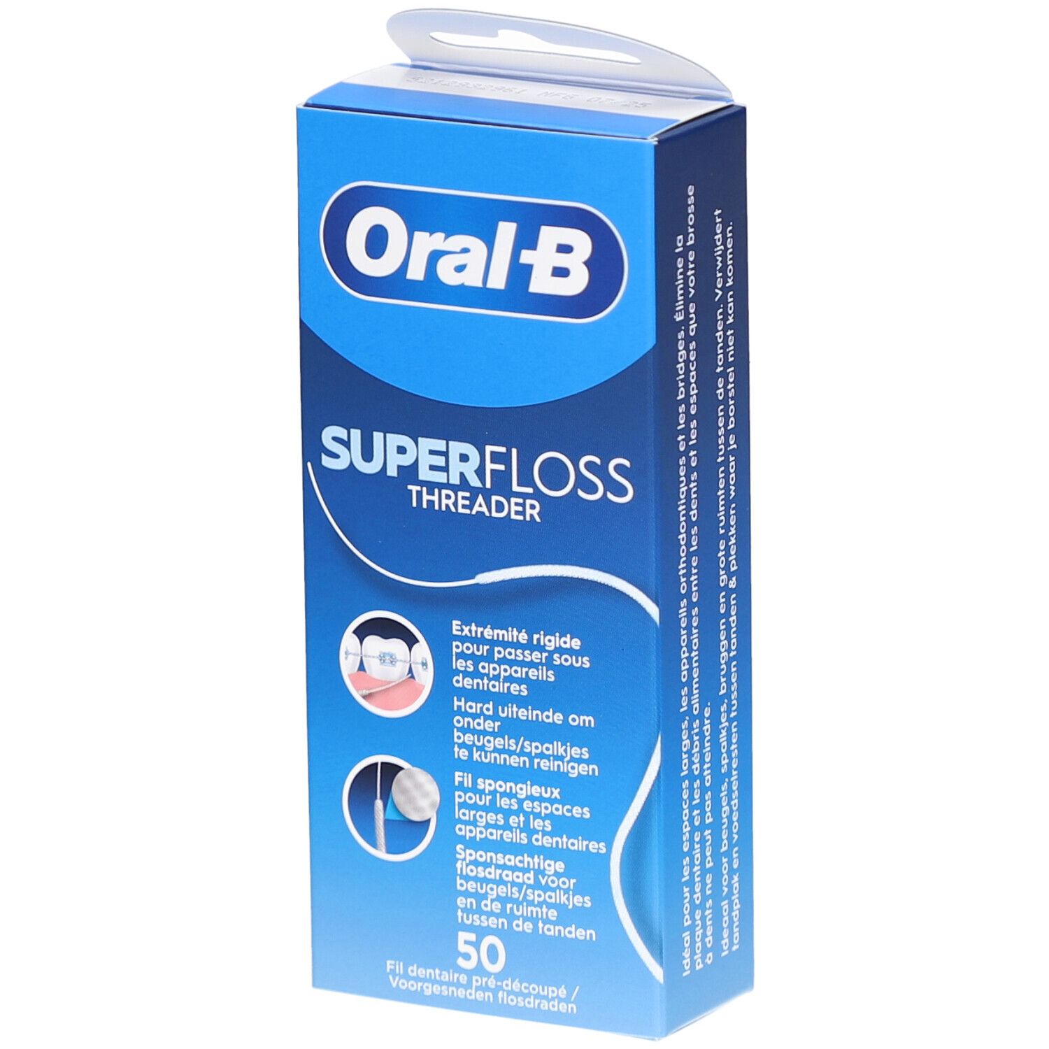 Oral-B Superfloss Threader verpakking. Blauwe doos met productnaam en illustraties. Bevat 50 flossdraden.