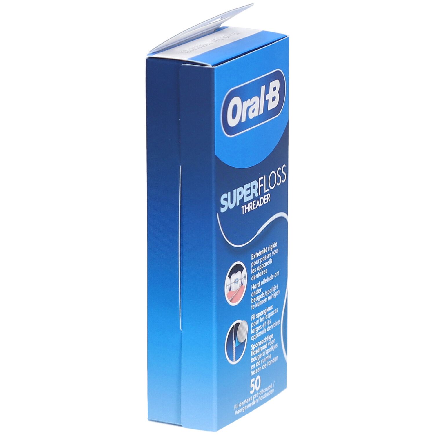 Blauwe verpakking van Oral-B Superfloss Threader. Productnaam en logo zichtbaar. Bevat 50 flossdraden.