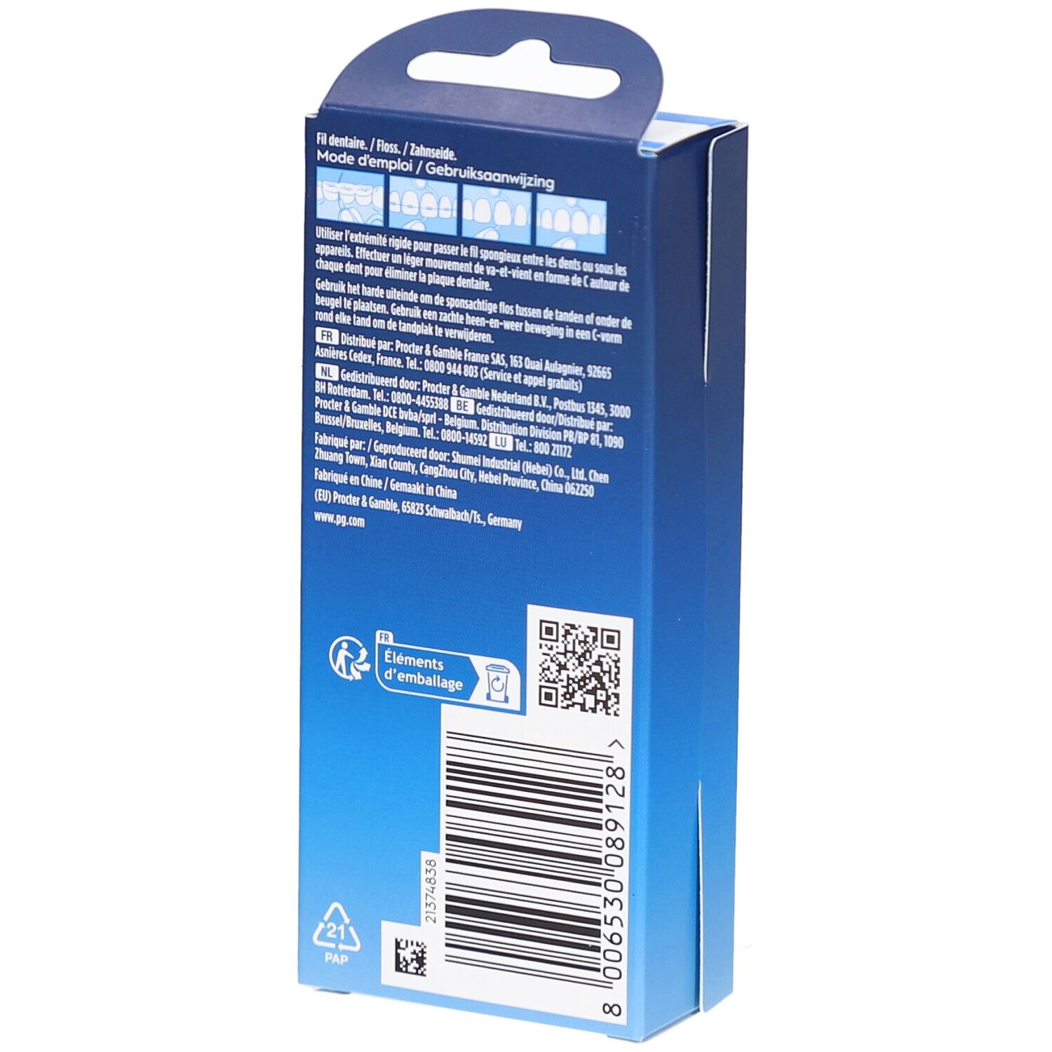 Achterkant van de Oral-B Superfloss Threader verpakking. Tekst en barcode zichtbaar. Bevat gebruiksinformatie.
