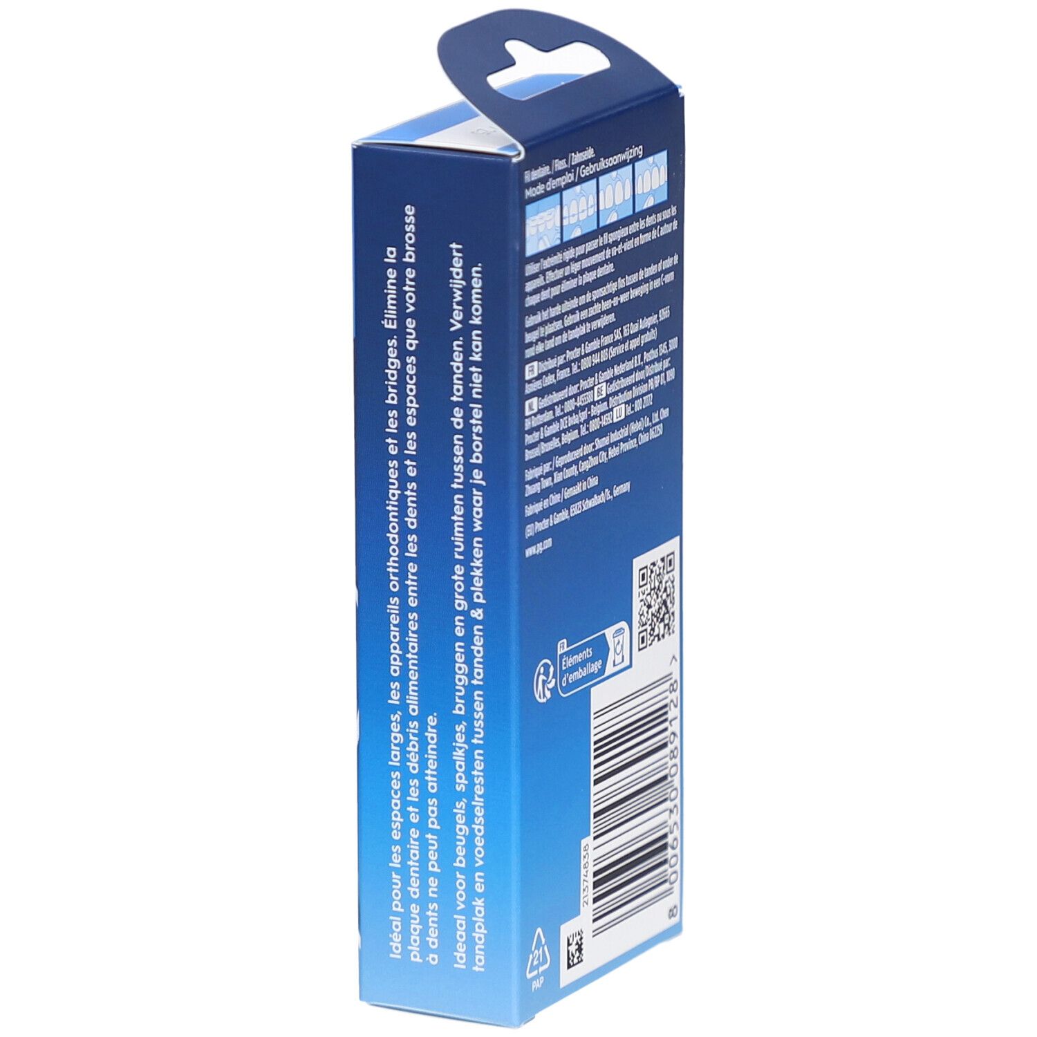 Zijaanzicht van de Oral-B Superfloss Threader verpakking. Tekst en logo zichtbaar. Bevat gebruiksinformatie.
