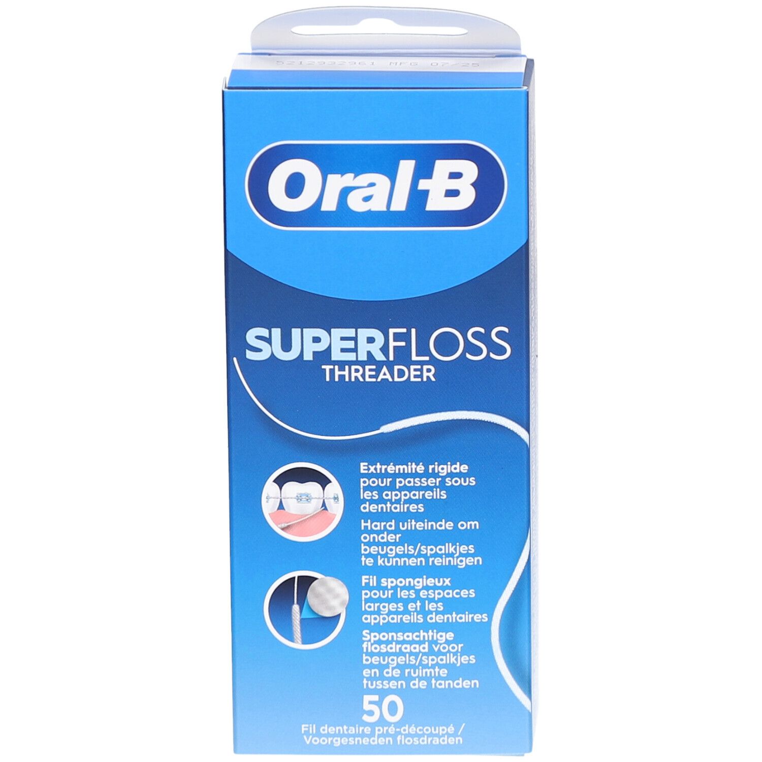 Oral-B Superfloss Threader verpakking. Blauwe doos met productnaam en illustraties. Bevat 50 flossdraden.
