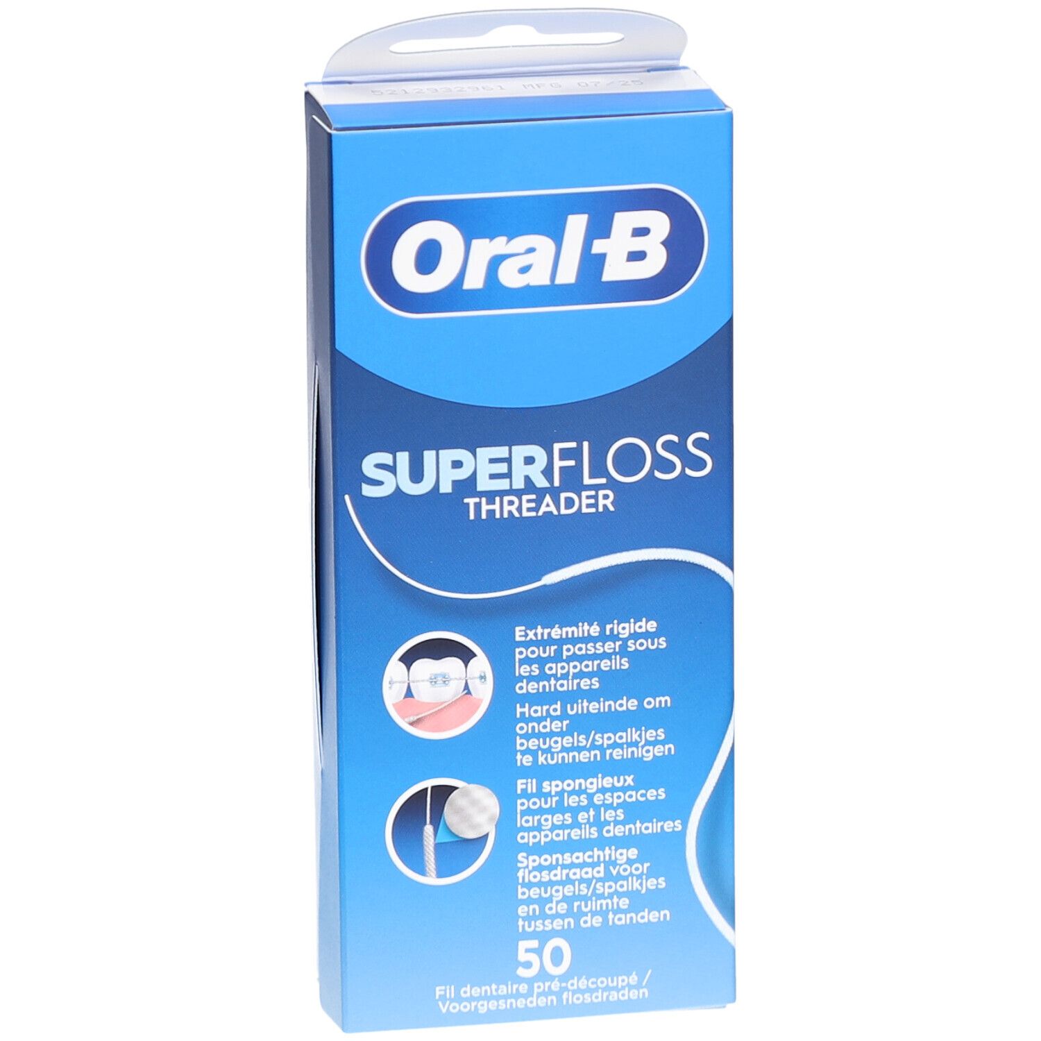 Oral-B Superfloss Threader verpakking. Blauwe doos met productnaam en illustraties. Bevat 50 flossdraden.
